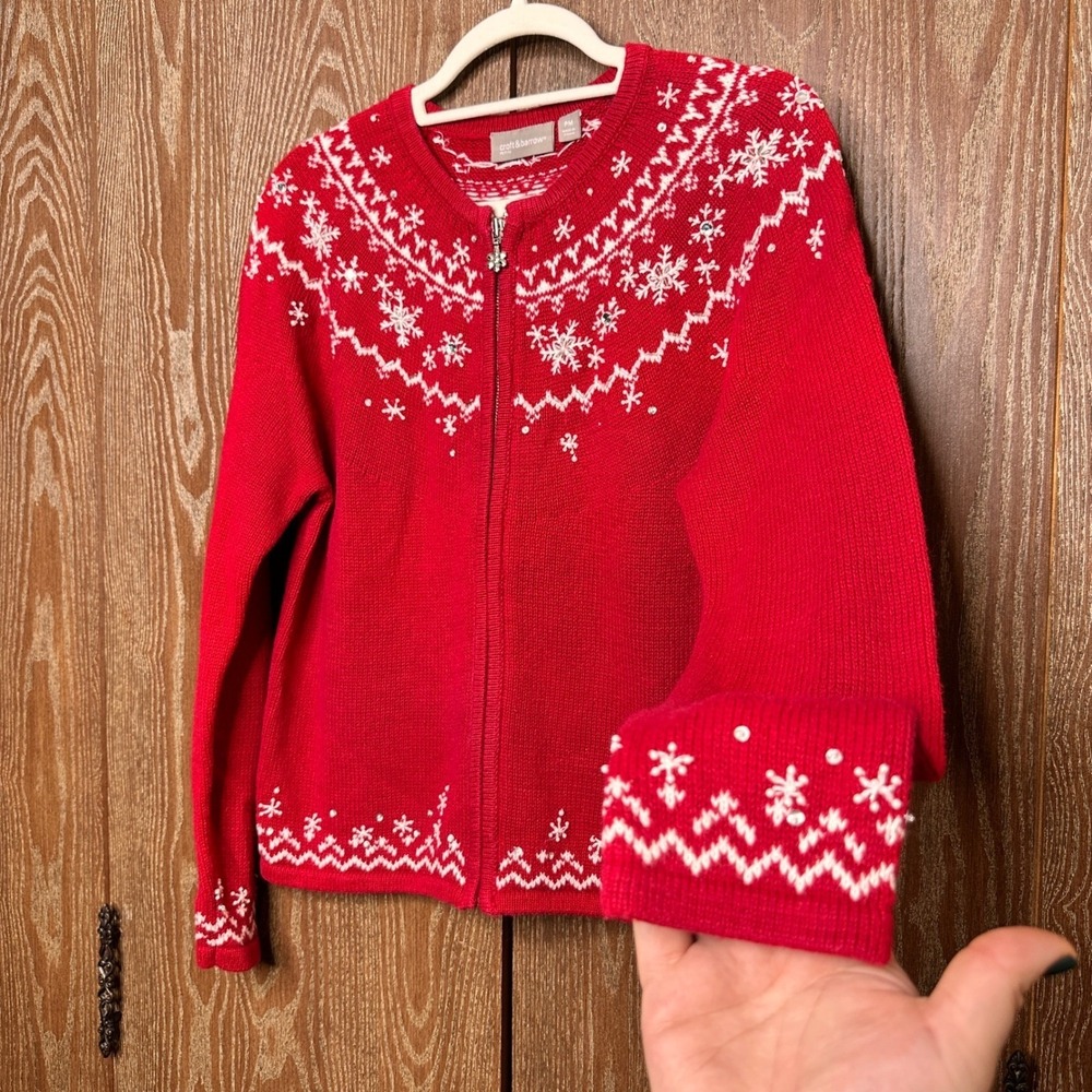 VTG Christmas Petite Red Snowflake Zip Up Cardigan Sweater Jacket Women PM - Picture 3 of 7